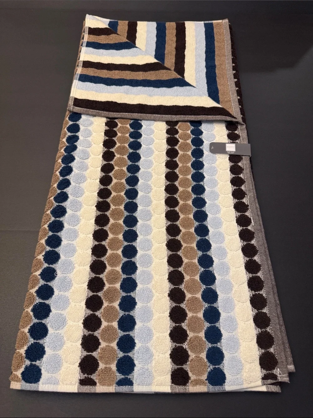 2pc SOHO Living 100% Cotton Penny Tile Dot/Stripe Bath Towel Set  - Blue/Brown